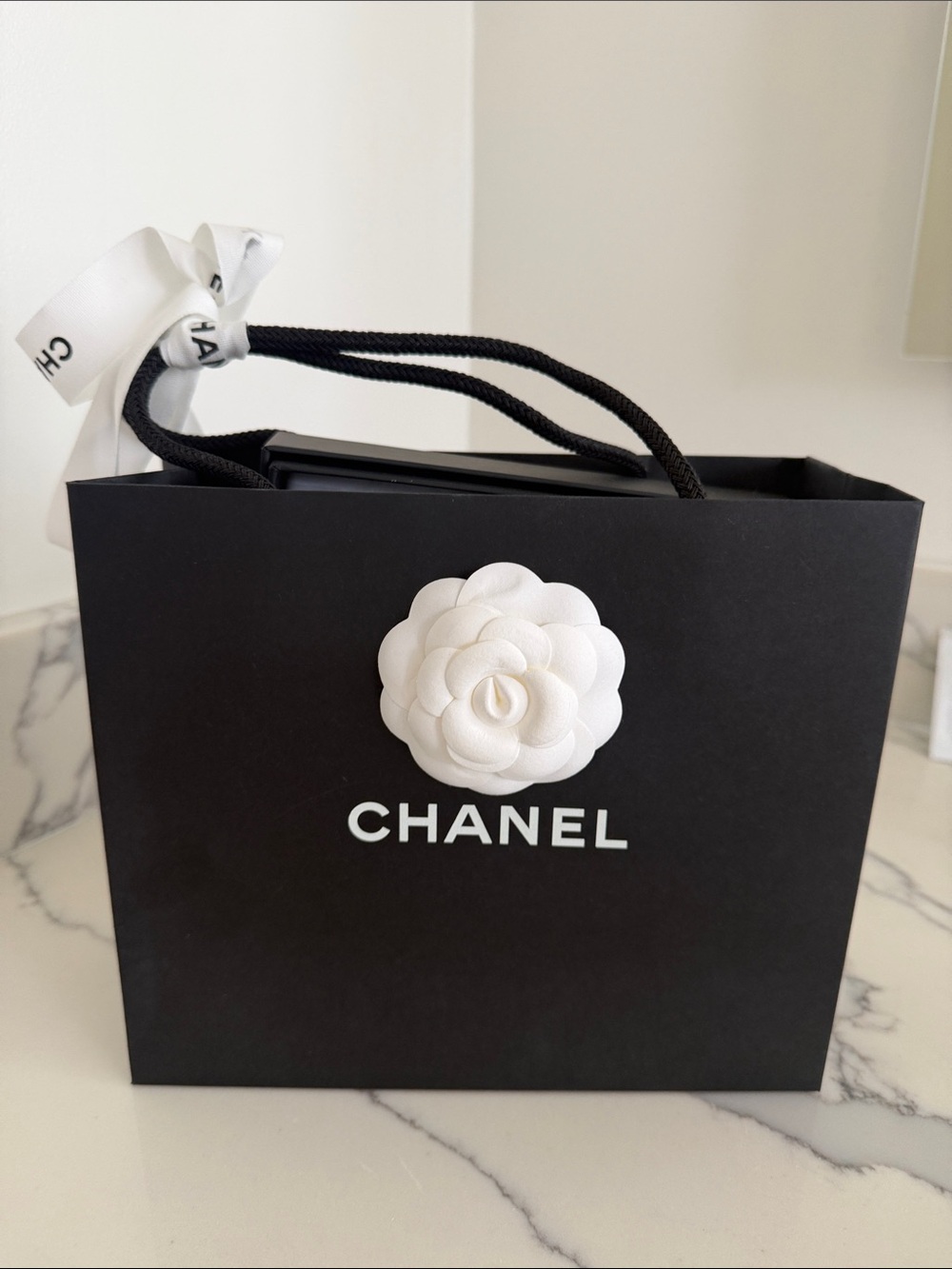 CHANEL White and Black Logo Gift Box with Black Bag